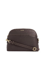 Petit sac bandoulière demi-lune pour femme en cuir grainé marron coffee avec fermeture zippée, modèle Demi-Lune de la marque Loxwood.
