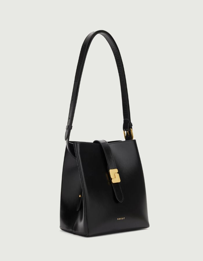 Profil du Petit sac seau noir en cuir box bello mini soeur boucle s doree ferme bouton pression