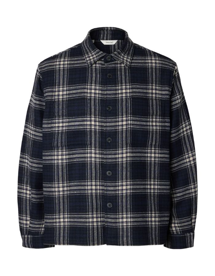 Surchemise en laine tweed carreaux bleu marine egret et noir pablo homme marque Selected
