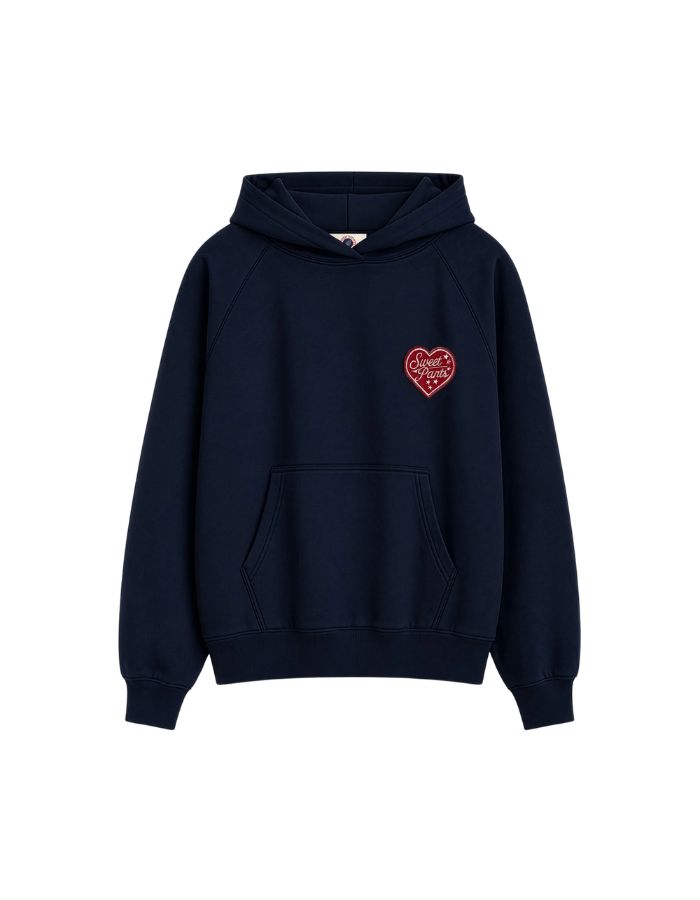 Sweat a capuche bleu nuit night 100 coton molleton lourd sweet pants patch coeur rouge