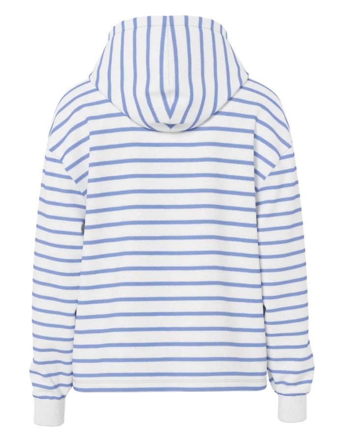 Dos du Sweat à capuche rayé blanc cassé et bleu hortensia pour femme avec broderie cœur, modèle Chilli LS Hoodie de PIECES. Intérieur molletonné gratté et emmanchures tombantes.