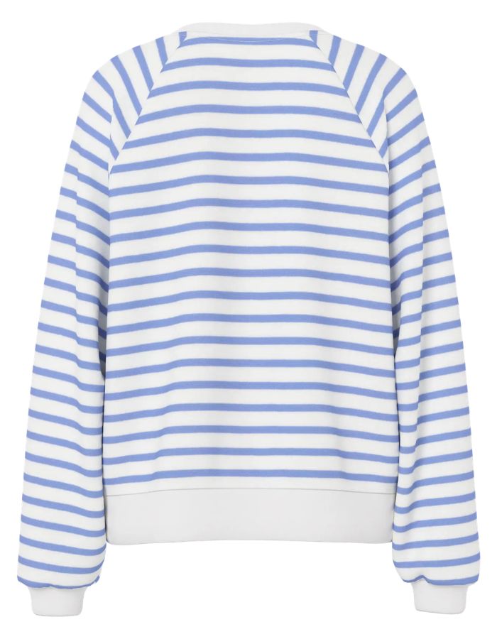 Dos du Sweatshirt col rond pour femme en jersey rayé blanc cassé et bleu hortensia avec motif cœur brodé, modèle Greta LS Emb UB Sweat de PIECES.