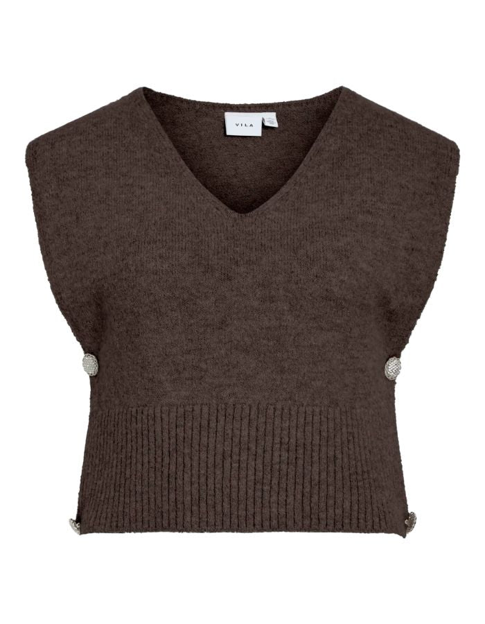Top sans manches pour femme en maille plate marron chocolat avec col en V, modèle Lyla de la marque VILA