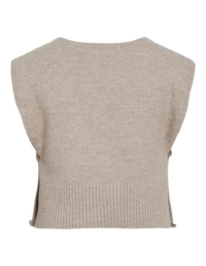 Dos du Top sans manches pour femme en maille plate écru chiné natural melange avec col en V, modèle Lyla de la marque VILA.
