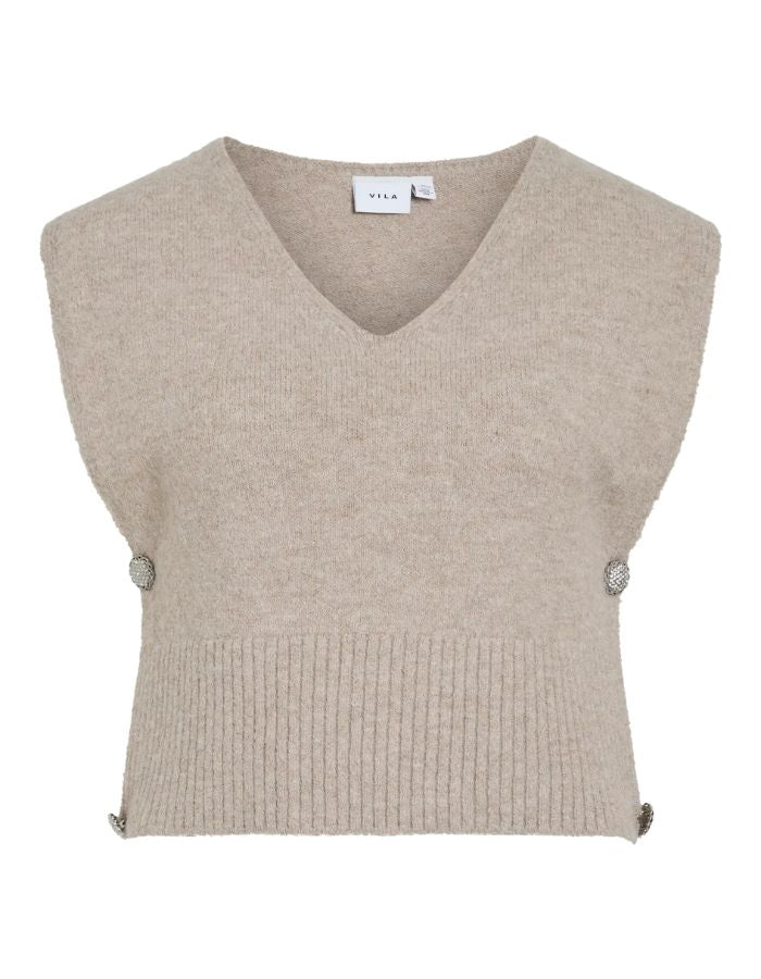Top sans manches pour femme en maille plate écru chiné natural melange avec col en V, modèle Lyla de la marque VILA.