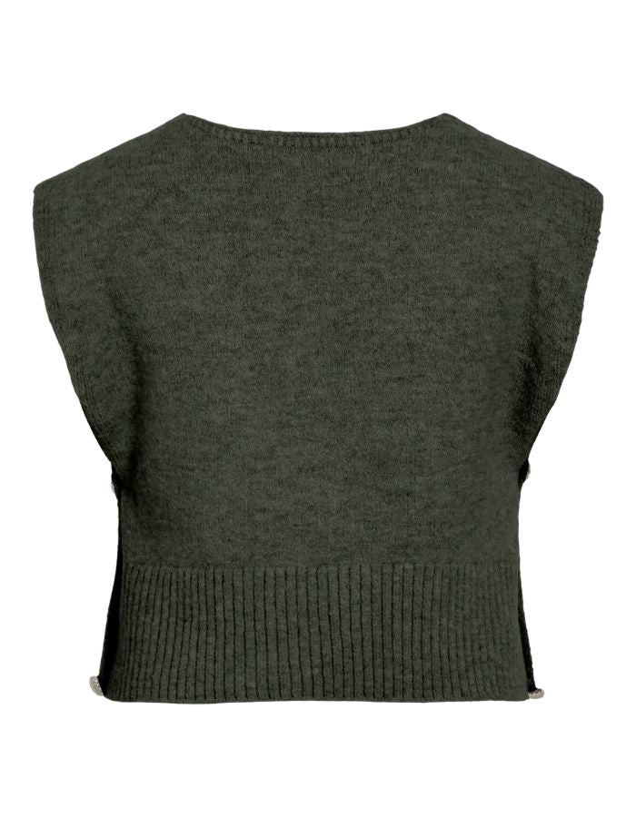 Dos du Top sans manches pour femme en maille plate vert forêt forest night avec col en V, modèle Lyla de la marque VILA