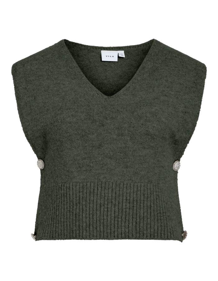 Top sans manches pour femme en maille plate vert forêt forest night avec col en V, modèle Lyla de la marque VILA