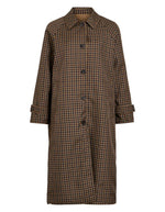 Côté réversible du Trench-coat pour femme couleur beige Ermine et imprimé marron Coffee Bean et bleu marine, modèle Tenela Rev de la marque ROUGE EDIT. Présente des manches raglan et des poignets boutonnés