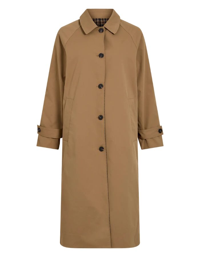 Trench-coat réversible pour femme couleur beige Ermine et imprimé marron Coffee Bean et bleu marine, modèle Tenela Rev de la marque ROUGE EDIT. Présente des manches raglan et des poignets boutonnés