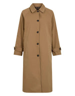 Trench-coat réversible pour femme couleur beige Ermine et imprimé marron Coffee Bean et bleu marine, modèle Tenela Rev de la marque ROUGE EDIT. Présente des manches raglan et des poignets boutonnés