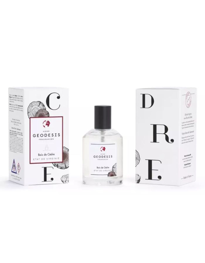 Emballage du Vaporisateur spray ambiance geodesis bois de cedre 100ml flacon spray fabrique en bretagne