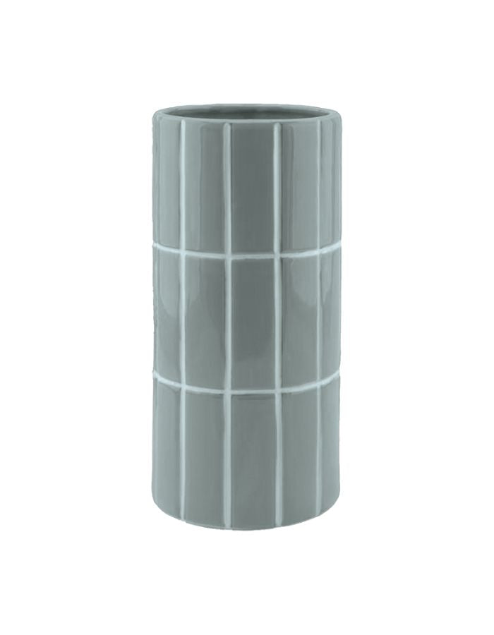 Vase cylindrique en céramique bleu ciel effet carrelage en relief, marque Opjet. Finition émaillée brillante, hauteur de 23 cm et diamètre de 10,5 cm.