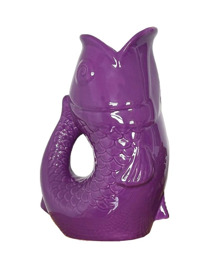 Vase pichet poisson en faïence violette brillante, marque Opjet. Silhouette sculpturale rétro des années 60, hauteur de 25,3 cm, utilisable comme carafe ou vase.