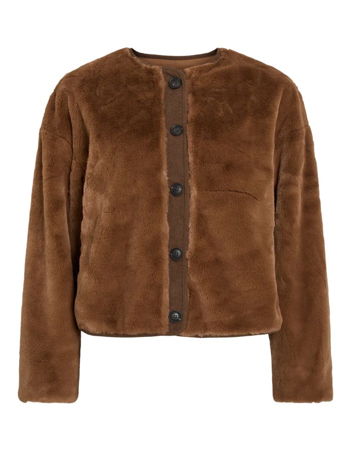 Veste légère pour femme beige taupe nuthatch avec col rabattu en velours côtelé marron coffee bean et fermeture boutonnée, modèle Avo de la marque VILA