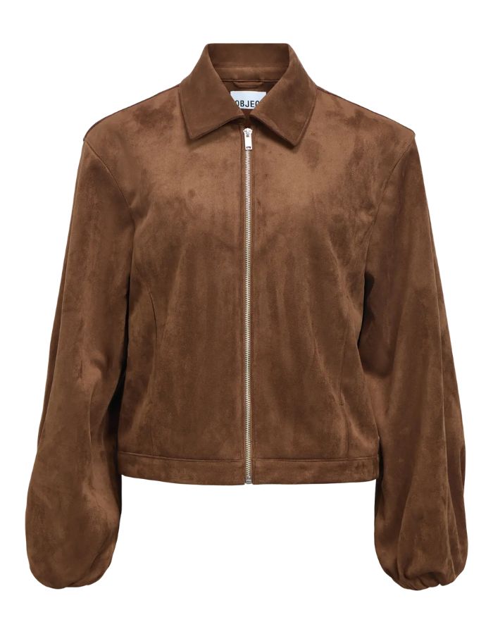 Veste courte zippée marron chocolat en suédine avec col classique, emmanchures basses et poignets élastiqués.