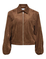Veste courte zippée marron chocolat en suédine avec col classique, emmanchures basses et poignets élastiqués.