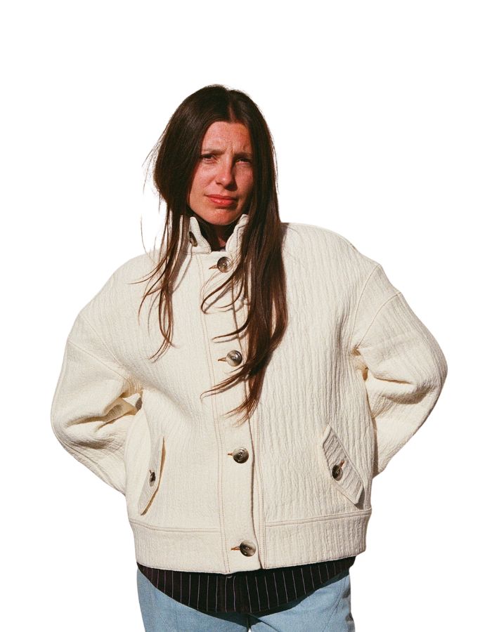 Veste matelassee oversize homme femme en denim ecru surfer kerners boutons flammes fabriquee en france