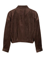 Dos de la Veste pour femme en velours côtelé couleur chocolat, modèle Courdie L/S Jacket de ROUGE EDIT. Encolure col V et fermeture boutonnée.