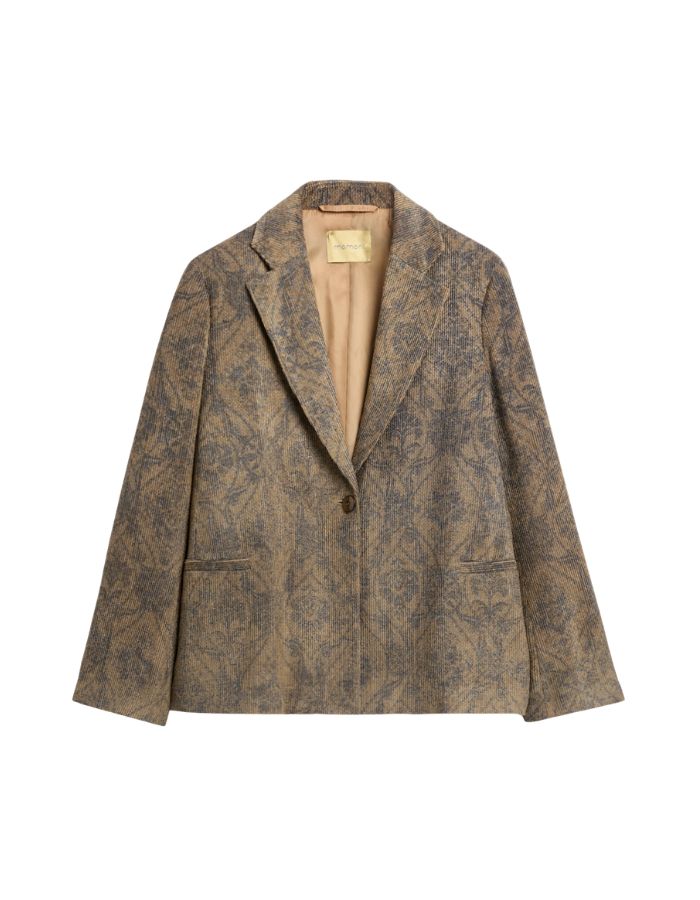 Veste de tailleur évasée pour femme en velours côtelé imprimé dentelle, modèle Lilja de la marque MOMONI. Présente une fermeture à un bouton, des fentes latérales et un revers en miroir.