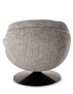Vue de dos du Fauteuil pivotant Loveuse en tissu chiné gris souris. Assise large et profonde, base ronde stable en métal noir. Design rétro-contemporain idéal pour un coin lecture ou un salon cosy.