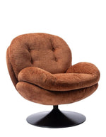 Fauteuil pivotant Loveuse de couleur orange brûlé avec une large assise moelleuse. Base ronde stable en métal noir, design d'inspiration rétro idéal pour un salon ou une chambre moderne