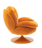Fauteuil loveuse orange velours avec base pivotante dorée, design rétro et assise moelleuse.