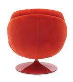Fauteuil loveuse rouge pivotant avec base ronde en métal laqué, vue arrière.
