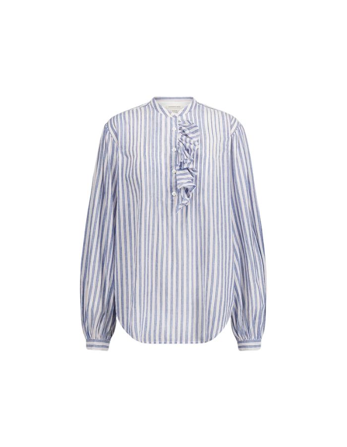 Blouse ample pour femme en coton bleu à rayures, modèle Fa de la marque Laurence Bras. Présente un col rond, des volants asymétriques sur le devant et des manches bouffantes.