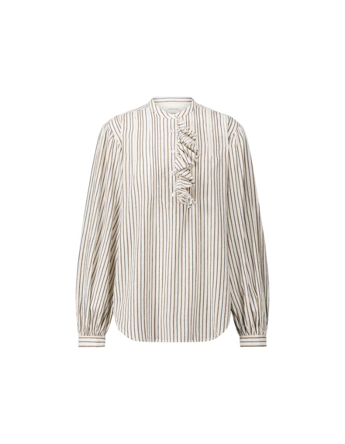 Blouse blanche ample en coton pour femme à rayures tissées avec col rond, manches bouffantes, plis plats et volants asymétriques sur le devant, modèle Fa de la marque Laurence Bras.