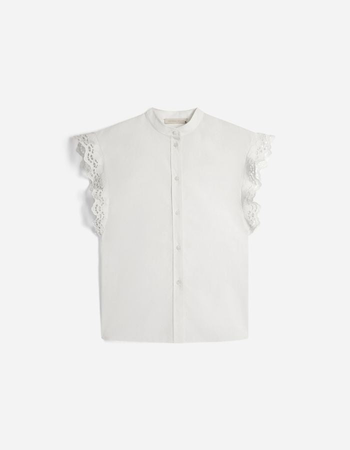 Blouse Gifty Ecru Vanessa Bruno en coton blanc écru avec col montant, manches volantées et broderies délicates.