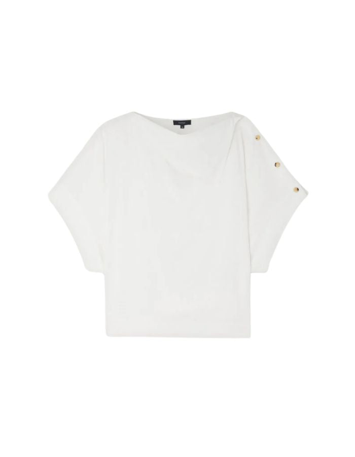 Blouse Issa blanc cassé en coton biologique, coupe ample, col tombant et boutons dorés à l'épaule.