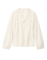 Blouse Petty Ecru ba&sh en jacquard texturé, col en V à volants, manches longues amples.