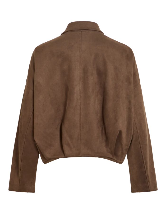 Dos du Blouson bomber pour femme marron chocolat avec col chemise, épaules tombantes et fermeture zippée à pressions, modèle Viral L/S Jacket couleur Rain Drum de la marque VILA.