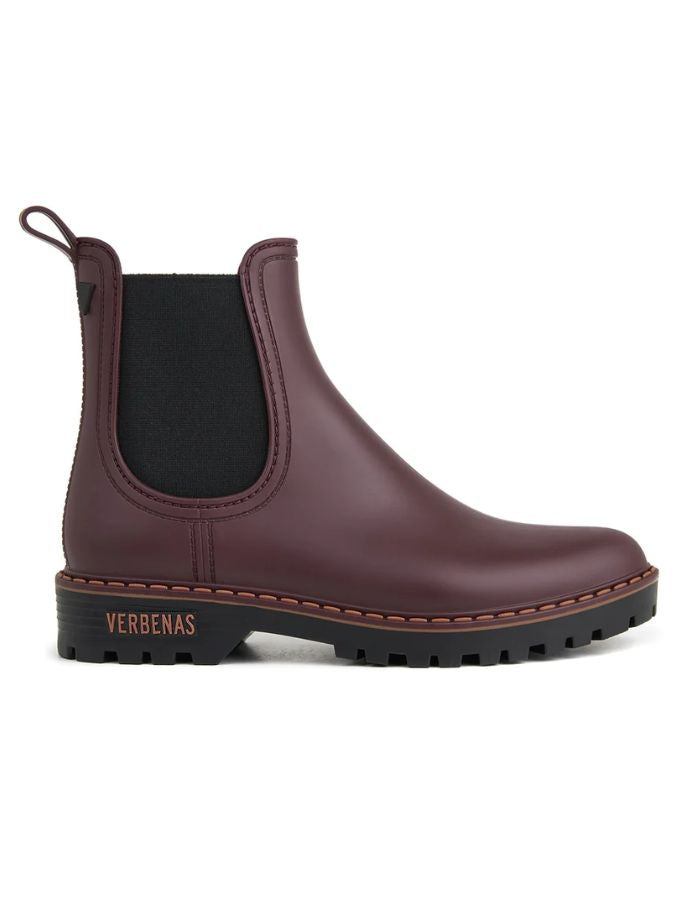 Bottines de pluie pour femme en PVC bordeaux avec élastique latéral noir et semelle crantée, modèle Gaudi Countryside Bordeaux de la marque VERBENAS