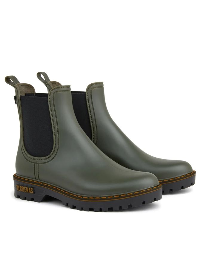 Profil des Bottines de pluie pour femme en PVC kaki avec élastique latéral noir et semelle crantée, modèle Gaudi Countryside Kaki de la marque VERBENAS.