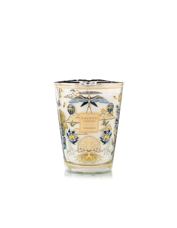 Bougie Baobab Collection Tomorrowland 2026 en verre, décor doré illustré d'un arbre, oiseaux et papillons.