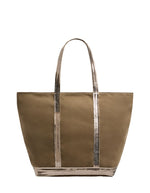 Grand sac cabas zippé pour femme en cuir velours gris taupe avec bandes de sequins assortis et longues anses, modèle Cabas L Zippé Cuir Velours couleur Éléphant de Vanessa Bruno.