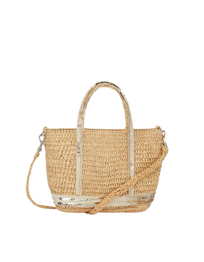 Cabas XS en raphia tressé main avec sequins dorés, anses et bandoulière amovible.