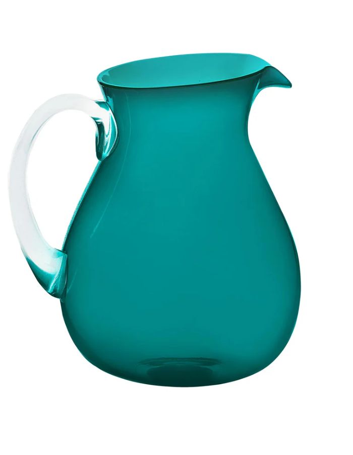 Carafe Memento en plexi bleu pétrole avec poignée transparente, design incassable et bulles d'air.
