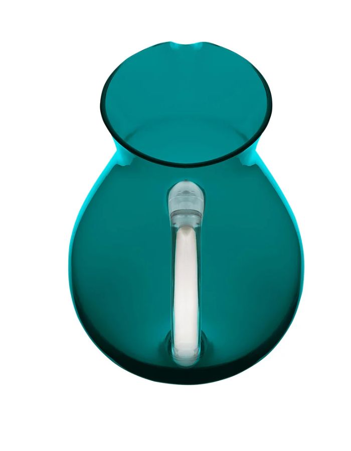 Carafe Memento en plexi bleu pétrole, incassable, avec poignée transparente et bulles d'air.