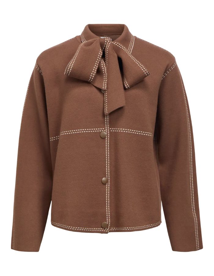 Cardigan col chemise marron et écru en maille recyclée avec boutons-pression et coutures contrastées