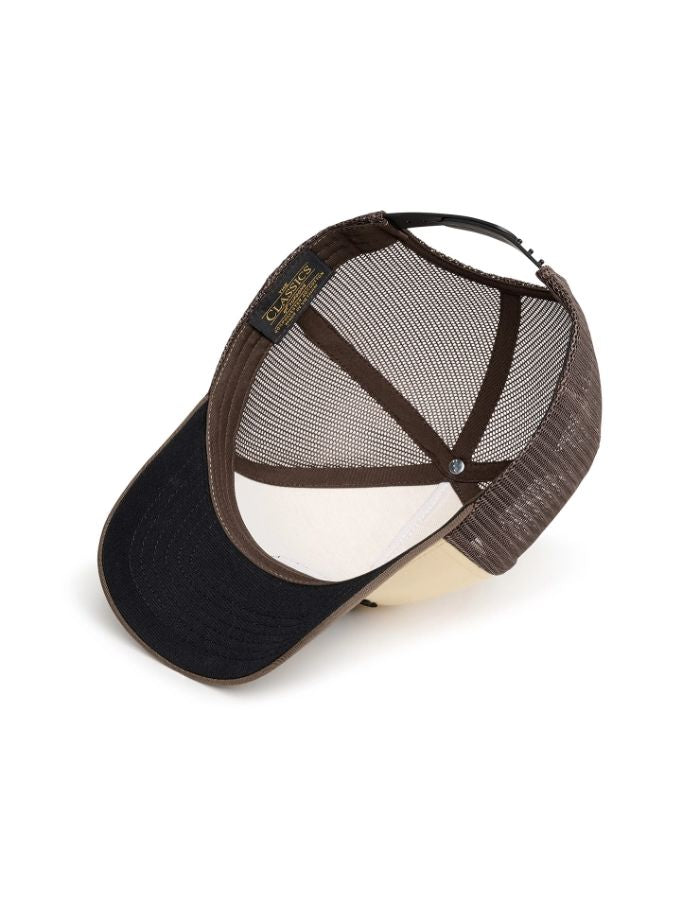 Intérieur de la Casquette trucker vintage jaune pour homme avec broderie 3D Riser, visière courbée et filet arrière Yupoong, modèle de la marque Jonsen Island