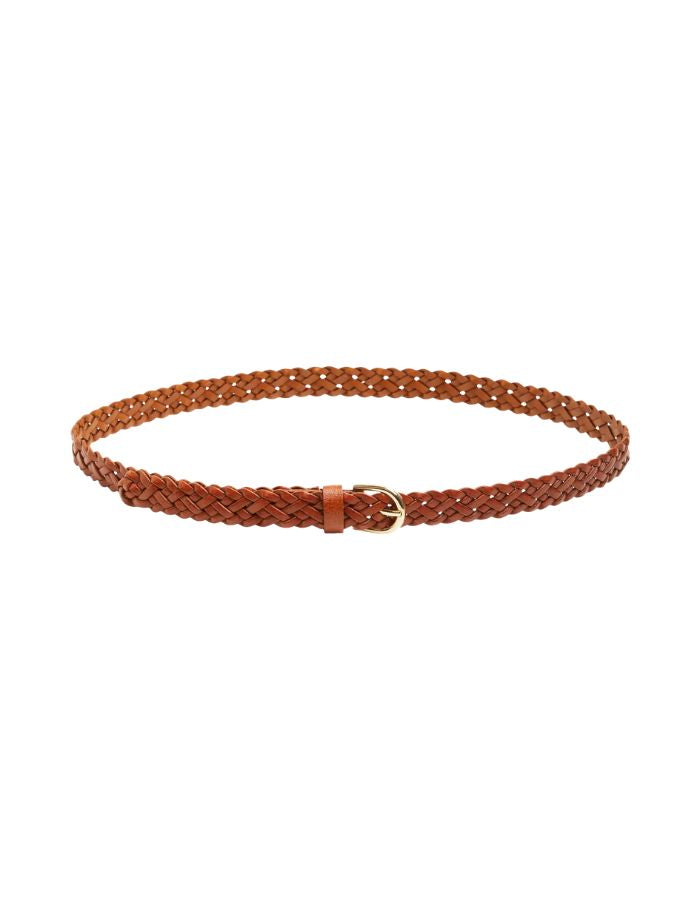Ceinture fine pour femme modèle Avery de la marque Pieces, en cuir véritable tressé de couleur marron cognac avec une boucle métallique arrondie