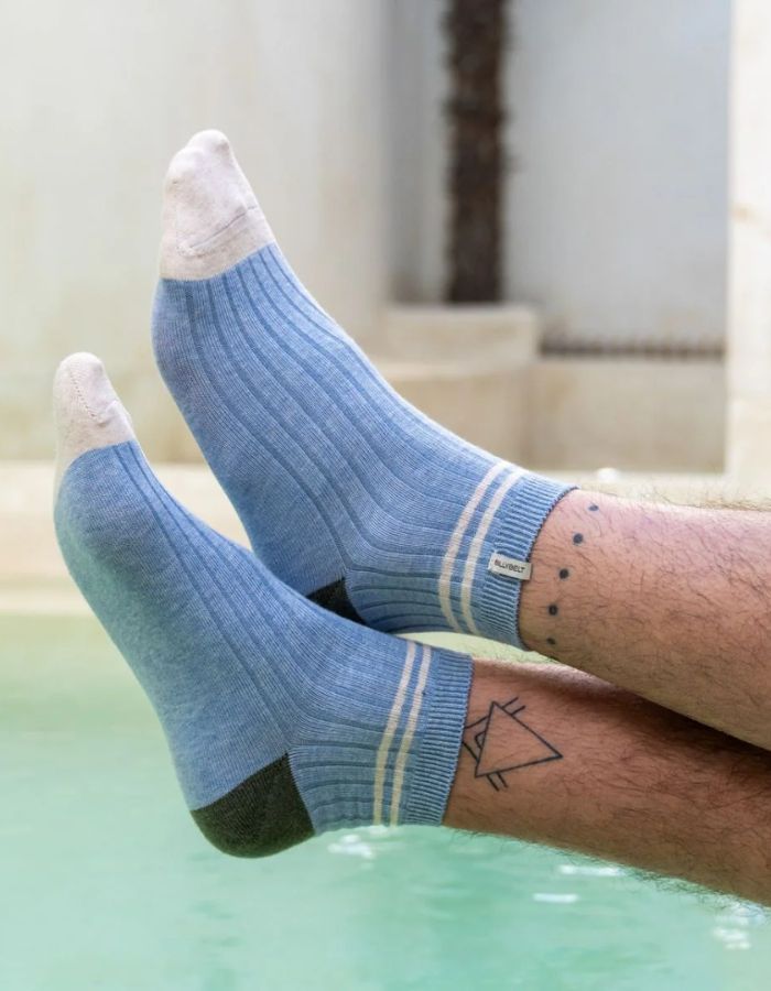 Chaussettes mi-hautes - Bleu ciel, rayé beige