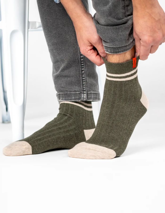Chaussettes mi-hautes - Kaki, rayé orange