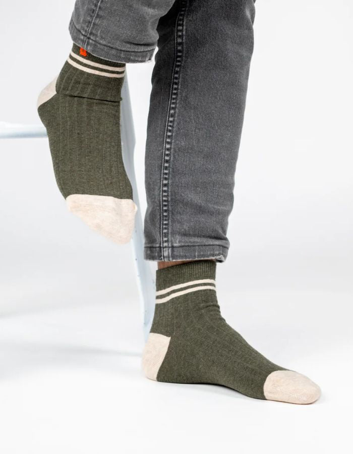 Chaussettes mi-hautes - Kaki, rayé orange