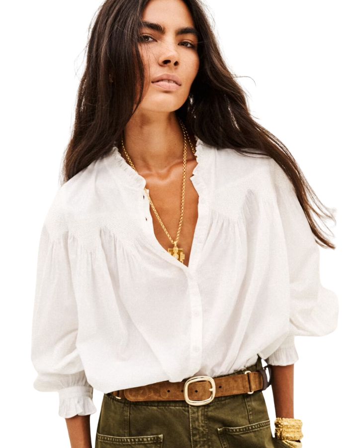Chemise ample romantique pour femme en coton bio écru avec petit col volanté et empiècements géométriques brodés, modèle Tonia Chemise couleur Écru de la marque ba&sh.