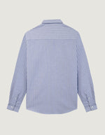 Dos de la Chemise ajustée pour homme en coton Oxford à fines rayures bleu marine et blanches, modèle Malesherbes de la marque Maison Labiche. Présente un col boutonné, des boutons gravés et la mention 'Grand Cru' brodée en lettres fines sur la poitrine.
