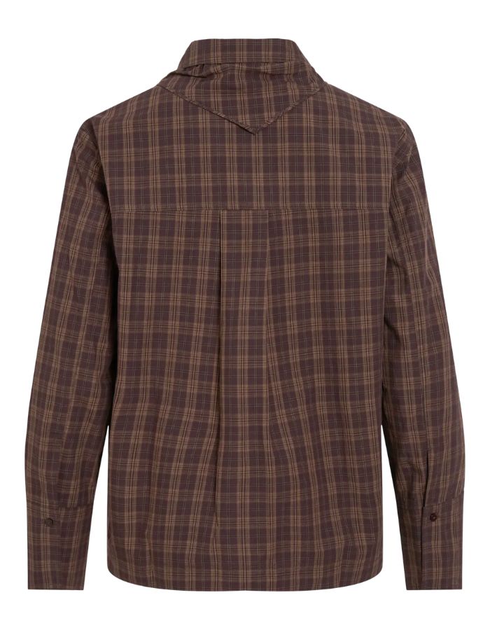 Dos de la Chemise à manches longues pour femme de couleur marron foncé à motif végétal délicat Seal Brown Fields Of Rye, modèle Rona de la marque Rouge Edit. Présente une coupe droite fluide esprit oversize, un col chemise, une fermeture boutonnée et deux poches plaquées sur la poitrine.