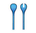 Couverts à salade Memento Synth en plexi bleu nuit avec bulles d'air, une cuillère et une fourchette.